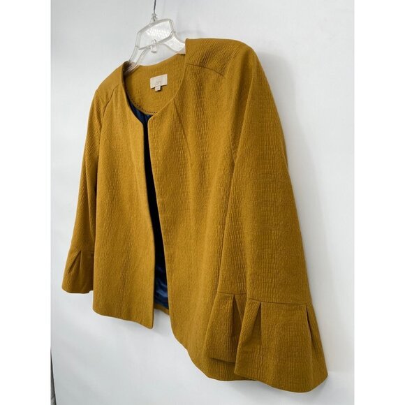 Loft Womens Open Front Blazer Size Large Bell Sleeves Mustard Yellow Stretch - Picture 6 of 11